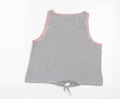NEXT Girls Black Striped Cotton Basic T-Shirt Size 16 Years Scoop Neck Pullover - Tie Front