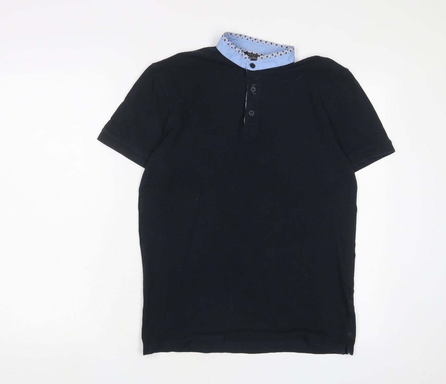 Zara Mens Blue Cotton T-Shirt Size S Henley