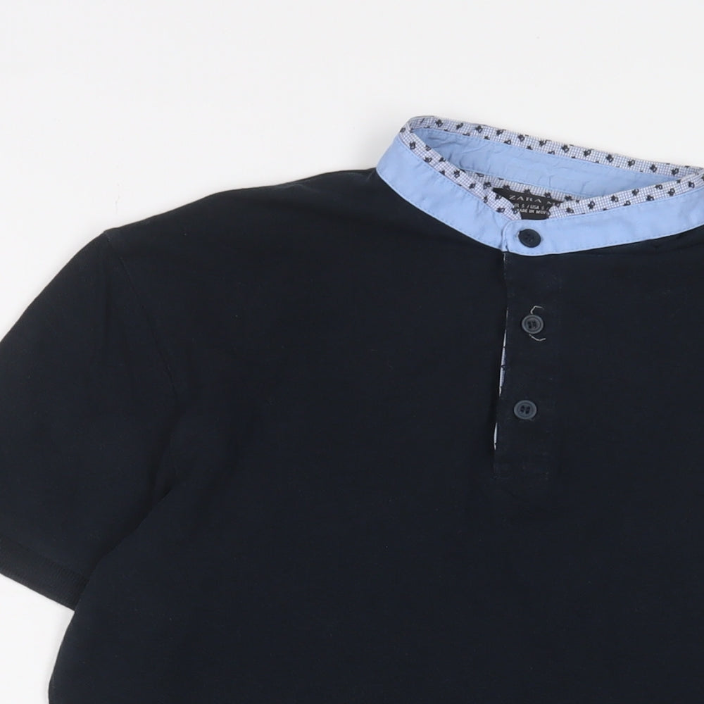Zara Mens Blue Cotton T-Shirt Size S Henley
