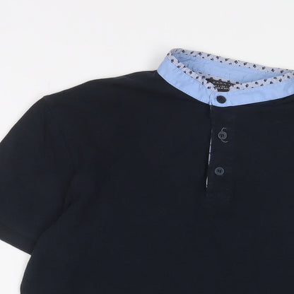 Zara Mens Blue Cotton T-Shirt Size S Henley