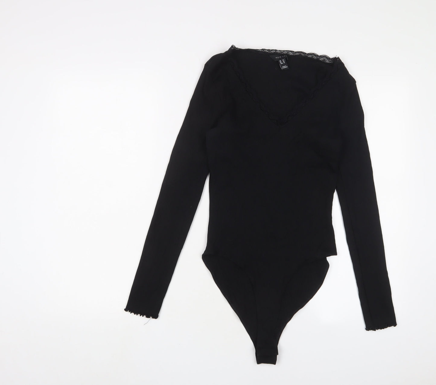 New Look Womens Black Cotton Bodysuit One-Piece Size 14 Snap - Lettuce Edging. Lace