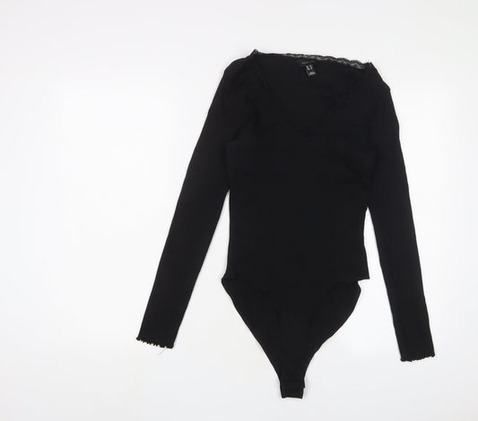 New Look Womens Black Cotton Bodysuit One-Piece Size 14 Snap - Lettuce Edging. Lace