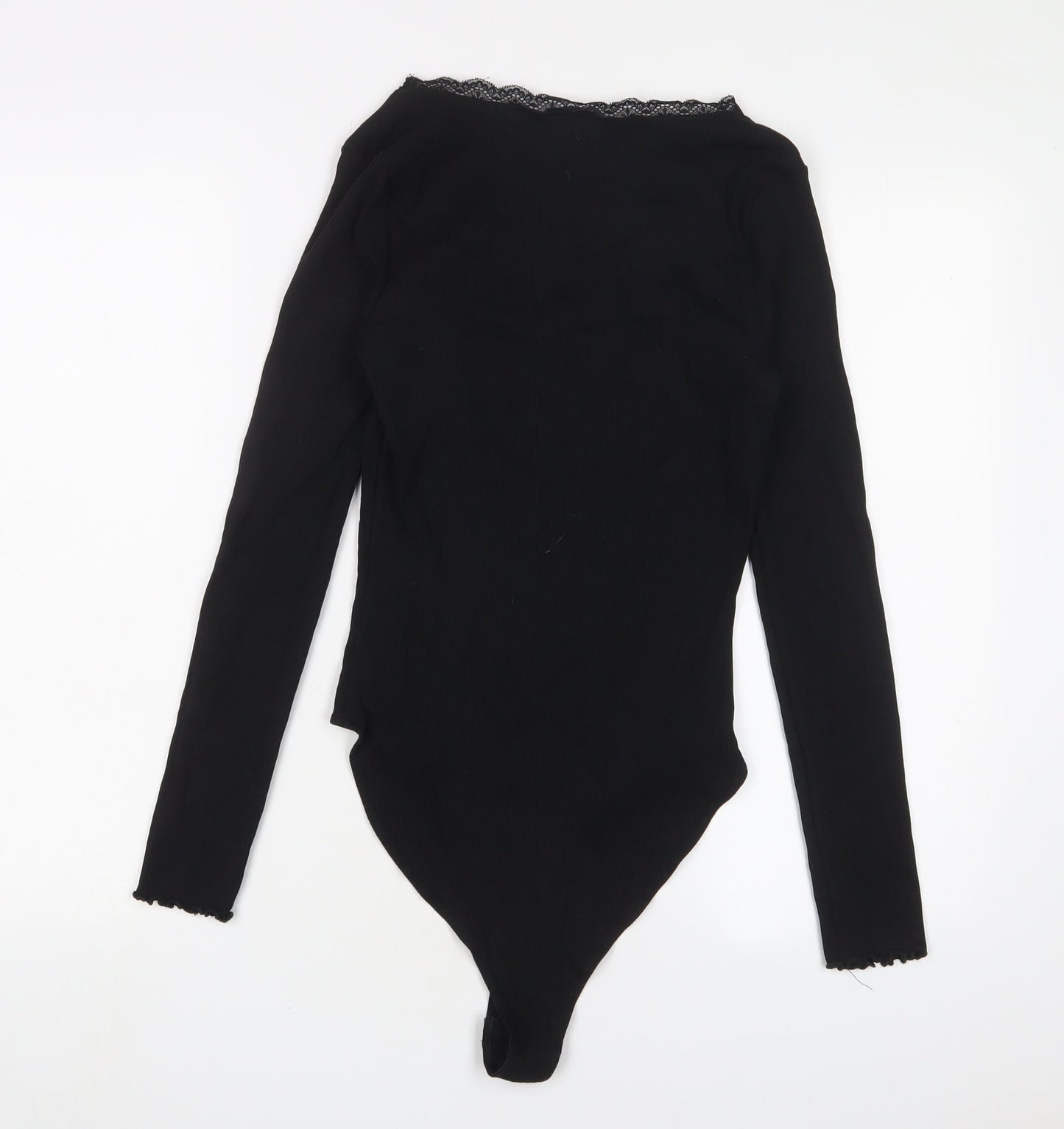 New Look Womens Black Cotton Bodysuit One-Piece Size 14 Snap - Lettuce Edging. Lace