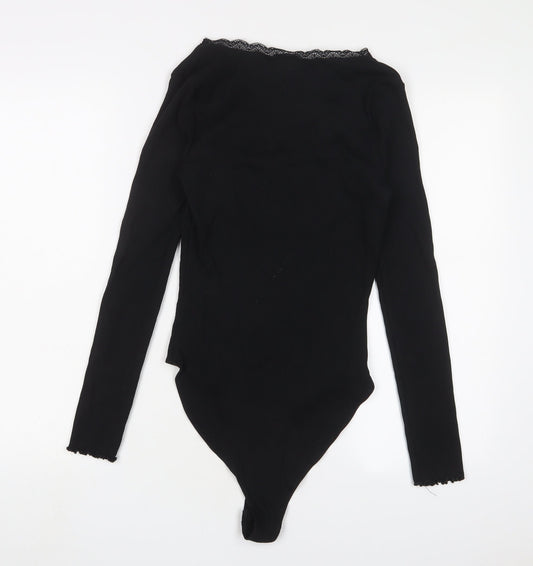 New Look Womens Black Cotton Bodysuit One-Piece Size 14 Snap - Lettuce Edging. Lace