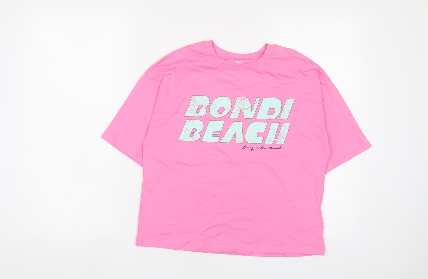 Marks and Spencer Girls Pink Cotton Basic T-Shirt Size 12-13 Years Crew Neck Pullover - Bondi Beach