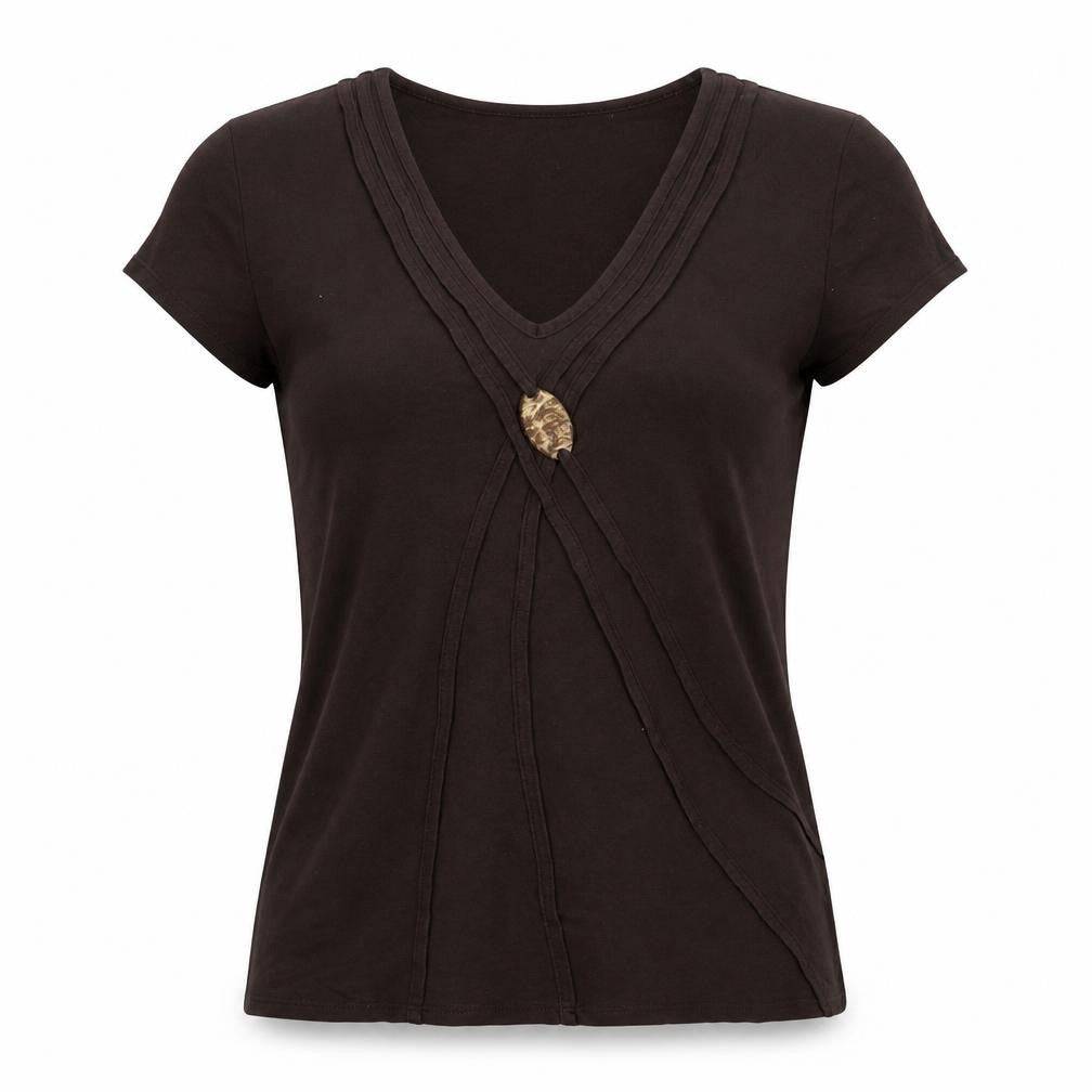 Cc Womens Brown Viscose Basic T-Shirt Size M V-Neck - Embroidered