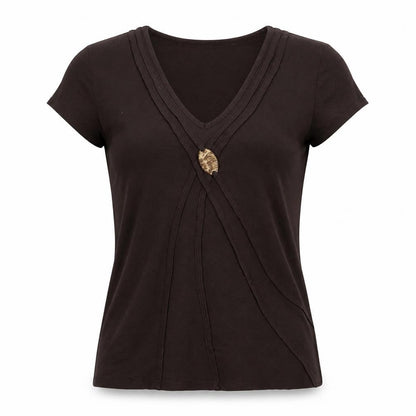 Cc Womens Brown Viscose Basic T-Shirt Size M V-Neck - Embroidered