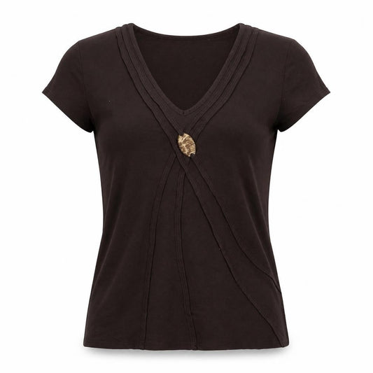 Cc Womens Brown Viscose Basic T-Shirt Size M V-Neck - Embroidered