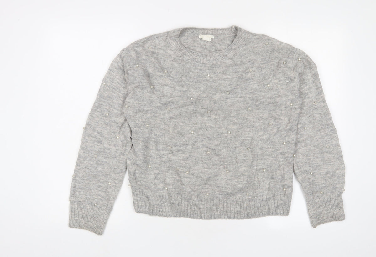 H&M Womens Grey Crew Neck Polyester Pullover Jumper Size XS - Beaded