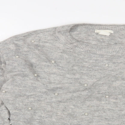 H&M Womens Grey Crew Neck Polyester Pullover Jumper Size XS - Beaded