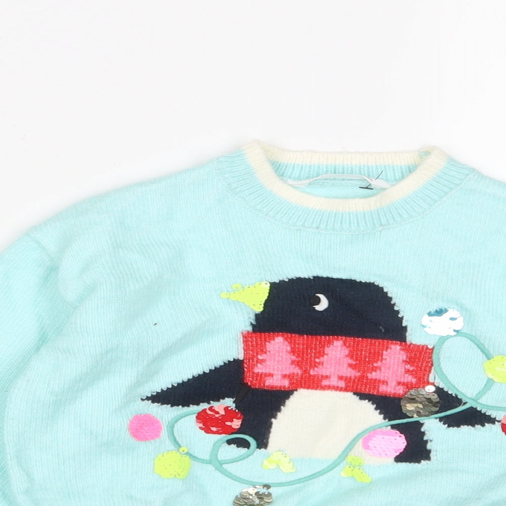 Marks and Spencer Girls Blue Crew Neck Polyester Pullover Jumper Size 2-3 Years Pullover - Christmas