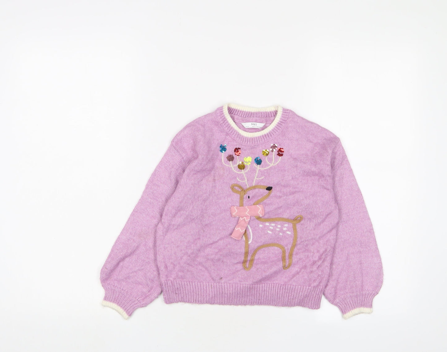 Marks and Spencer Girls Purple Crew Neck Polyester Pullover Jumper Size 5-6 Years Pullover - Christmas