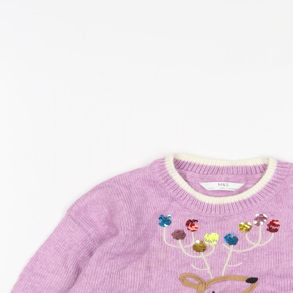 Marks and Spencer Girls Purple Crew Neck Polyester Pullover Jumper Size 5-6 Years Pullover - Christmas