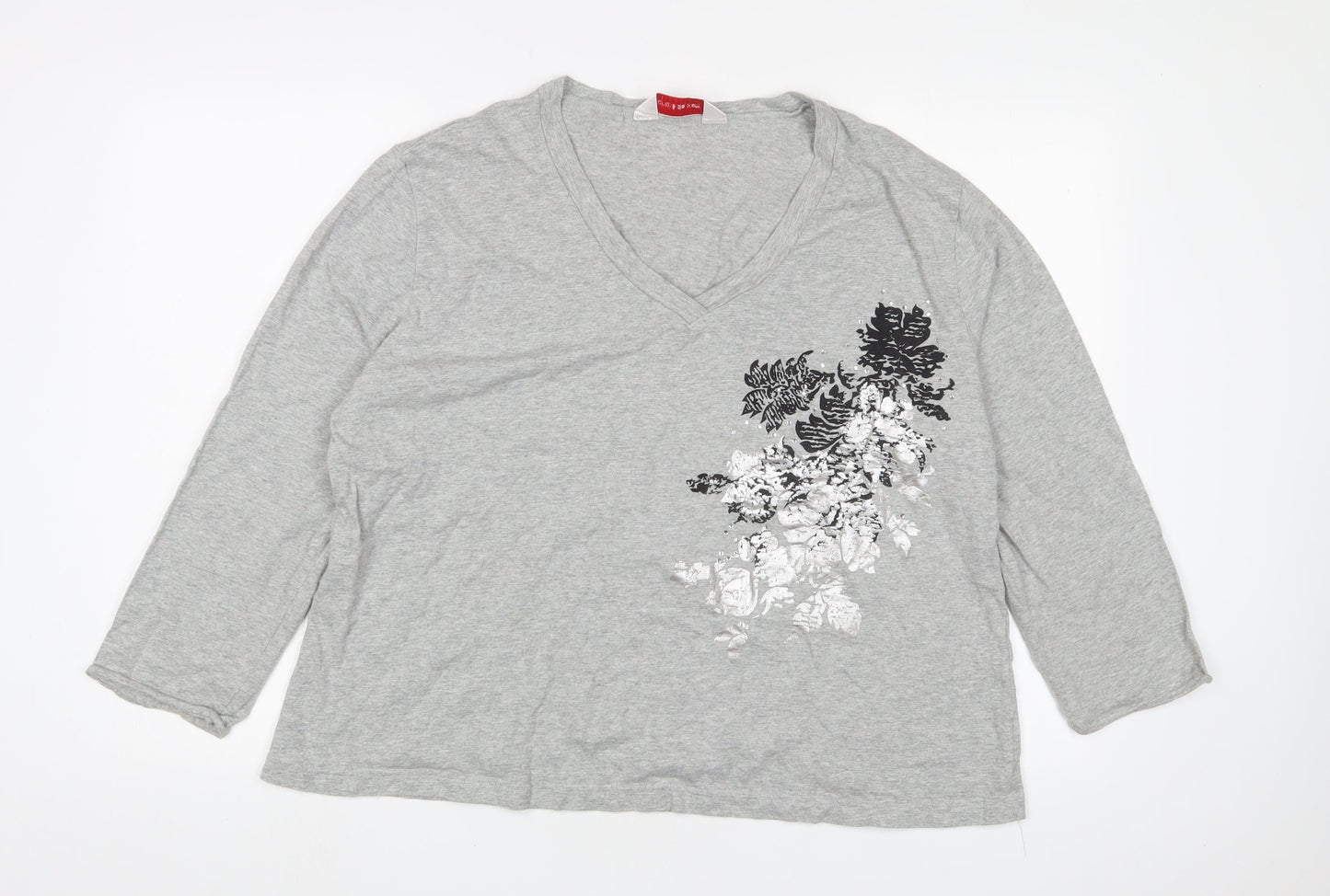 Andre de Brett Womens Grey Floral Cotton Basic T-Shirt Size 22 V-Neck