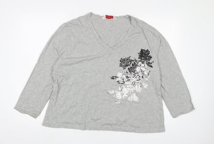 Andre de Brett Womens Grey Floral Cotton Basic T-Shirt Size 22 V-Neck