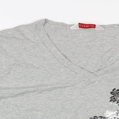 Andre de Brett Womens Grey Floral Cotton Basic T-Shirt Size 22 V-Neck