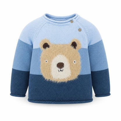 Front view of Next boys’ blue cotton jumper, size 6-9, months - fluffy teddy bear