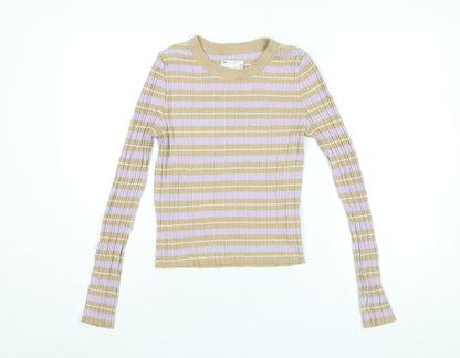 ASOS Womens Beige Striped Acrylic Basic T-Shirt Size 14 Round Neck