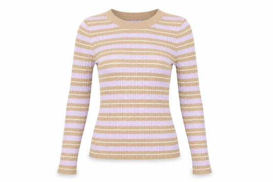 Front view of ASOS women’s beige striped acrylic basic t-shirt, size UK 14, round neck