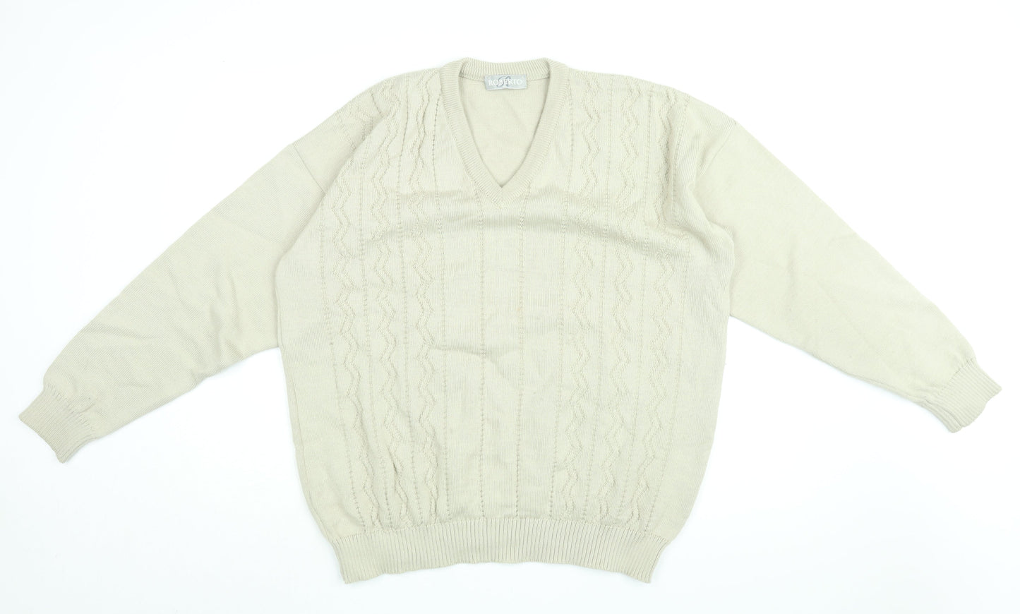 Roberto Mens Beige V-Neck Acrylic Pullover Jumper Size XL Long Sleeve