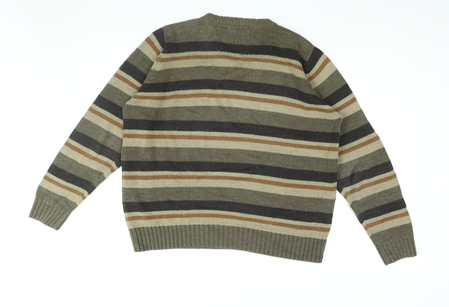 P.G Field Mens Brown V-Neck Striped Acrylic Pullover Jumper Size L Long Sleeve
