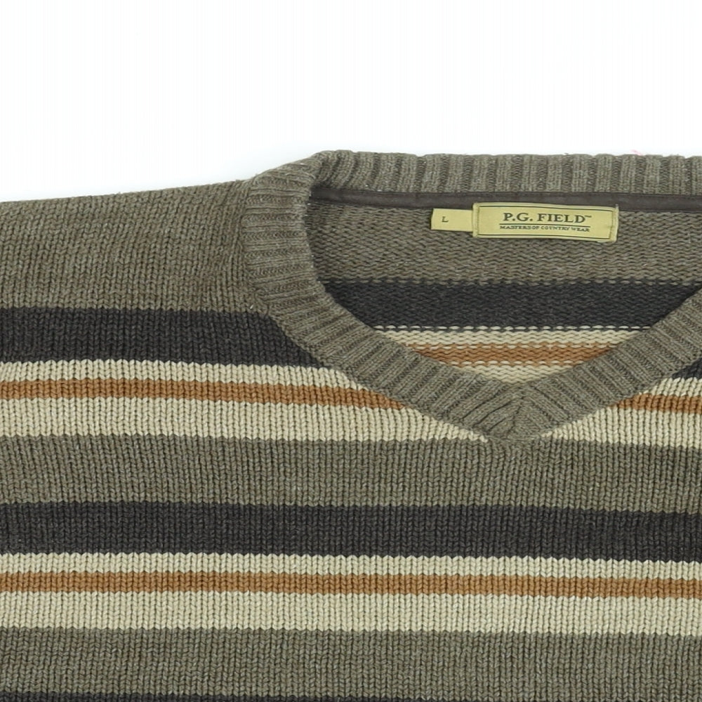 P.G Field Mens Brown V-Neck Striped Acrylic Pullover Jumper Size L Long Sleeve