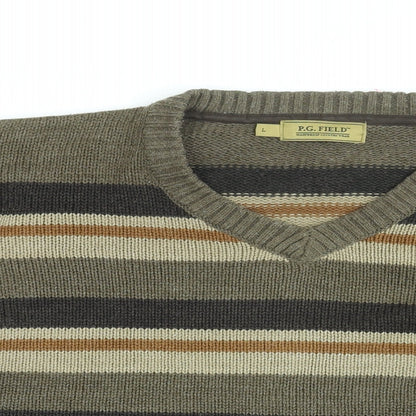 P.G Field Mens Brown V-Neck Striped Acrylic Pullover Jumper Size L Long Sleeve