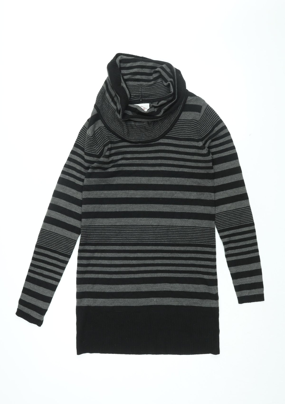 Additional front view of Lee Cooper women’s black striped acrylic shift, size UK 10, roll neck pullover