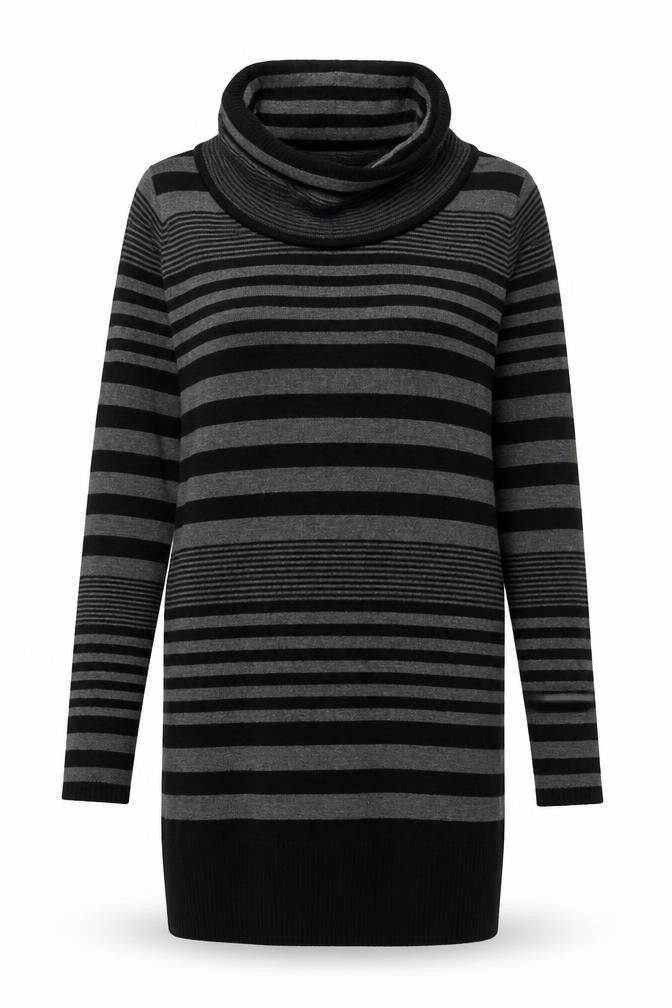 Front view of Lee Cooper women’s black striped acrylic shift, size UK 10, roll neck pullover