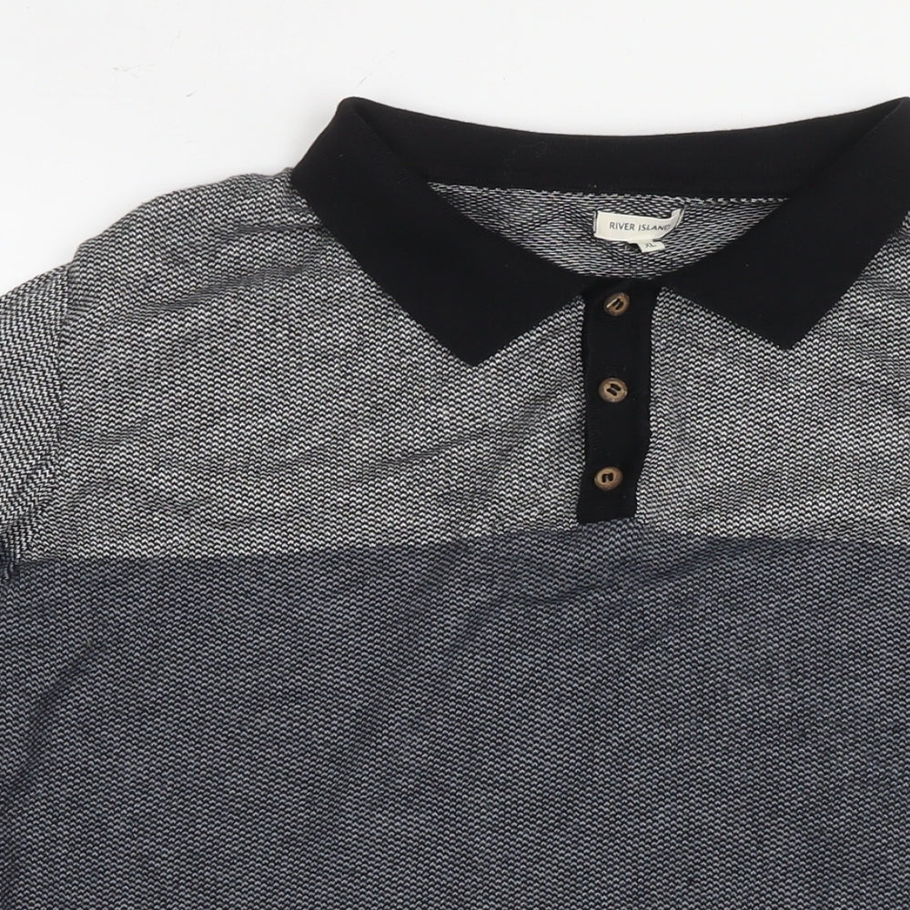 River Island Mens Blue Collared Cotton Pullover Jumper Size XL Long Sleeve