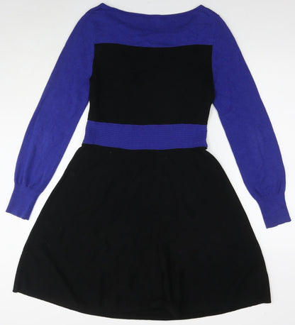 Oasis Womens Blue Colourblock Cotton Jumper Dress Size M Round Neck Pullover