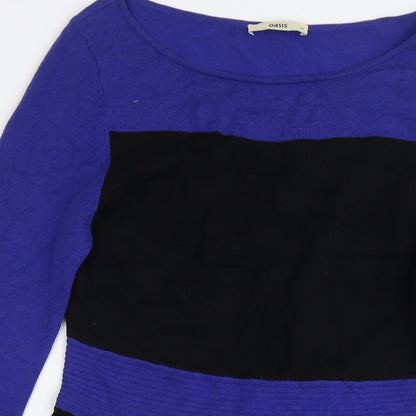 Oasis Womens Blue Colourblock Cotton Jumper Dress Size M Round Neck Pullover