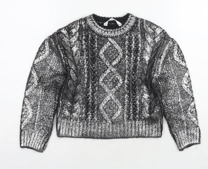 Marks and Spencer Girls Silver Round Neck Acrylic Pullover Jumper Size 6-7 Years Pullover