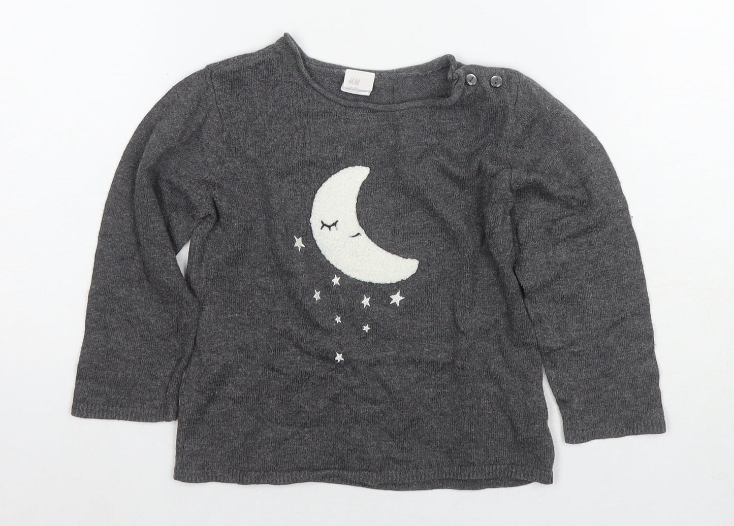 H&M Girls Grey Round Neck Polyamide Pullover Jumper Size 2 Years Pullover - Moon, Stars