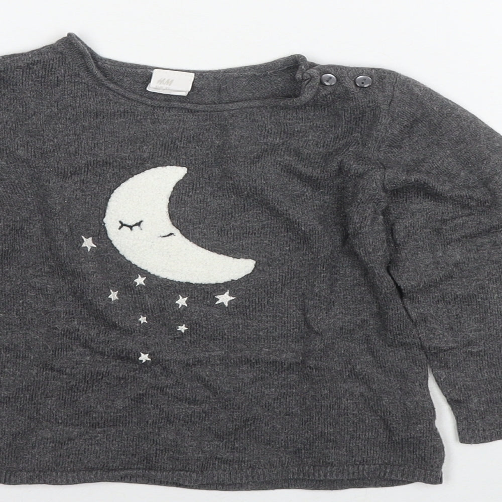 H&M Girls Grey Round Neck Polyamide Pullover Jumper Size 2 Years Pullover - Moon, Stars