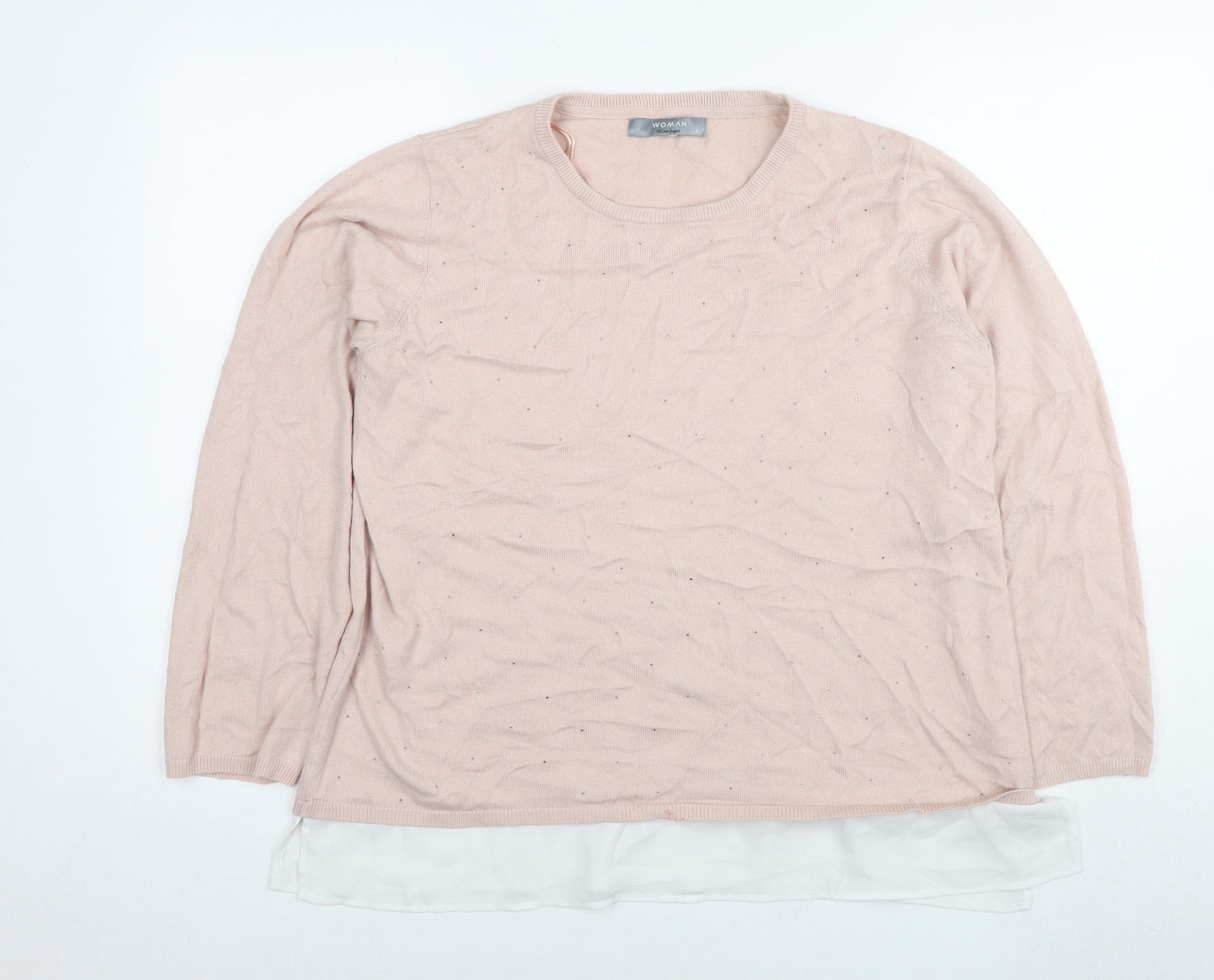 Woman Womens Pink Round Neck Polyamide Pullover Jumper Size L - Sequin Detail