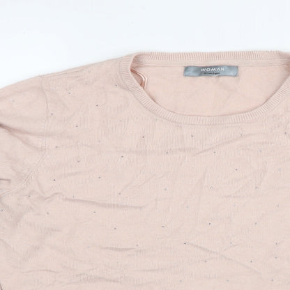 Woman Womens Pink Round Neck Polyamide Pullover Jumper Size L - Sequin Detail