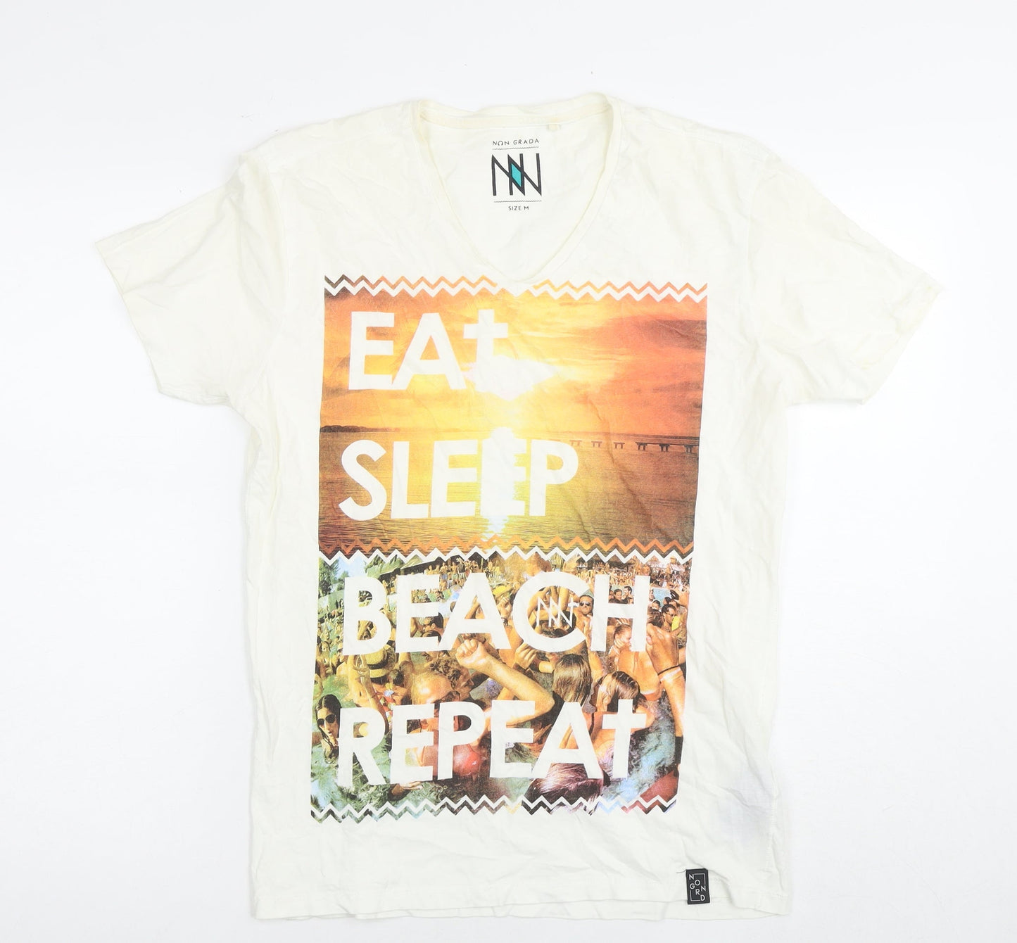Non Grada Mens White Cotton T-Shirt Size M Round Neck - Eat sleep beach repeat party