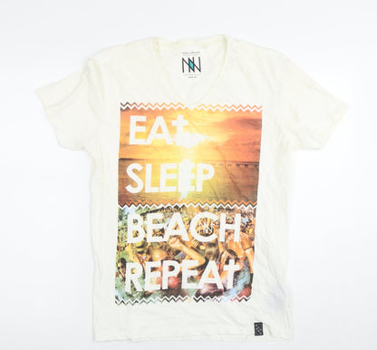 Non Grada Mens White Cotton T-Shirt Size M Round Neck - Eat sleep beach repeat party
