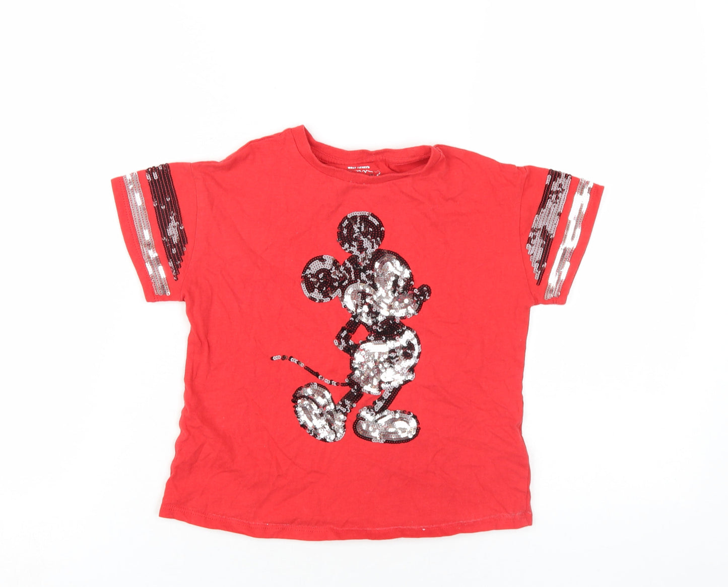 Disney Girls Red Cotton Basic T-Shirt Size 6-7 Years Round Neck Pullover - Sequin Mickey Mouse