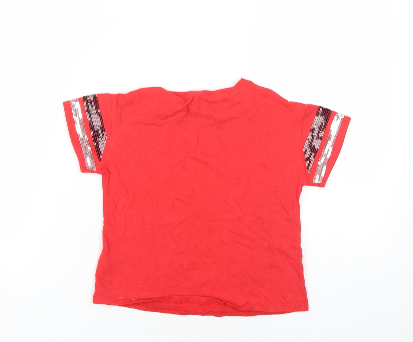 Disney Girls Red Cotton Basic T-Shirt Size 6-7 Years Round Neck Pullover - Sequin Mickey Mouse