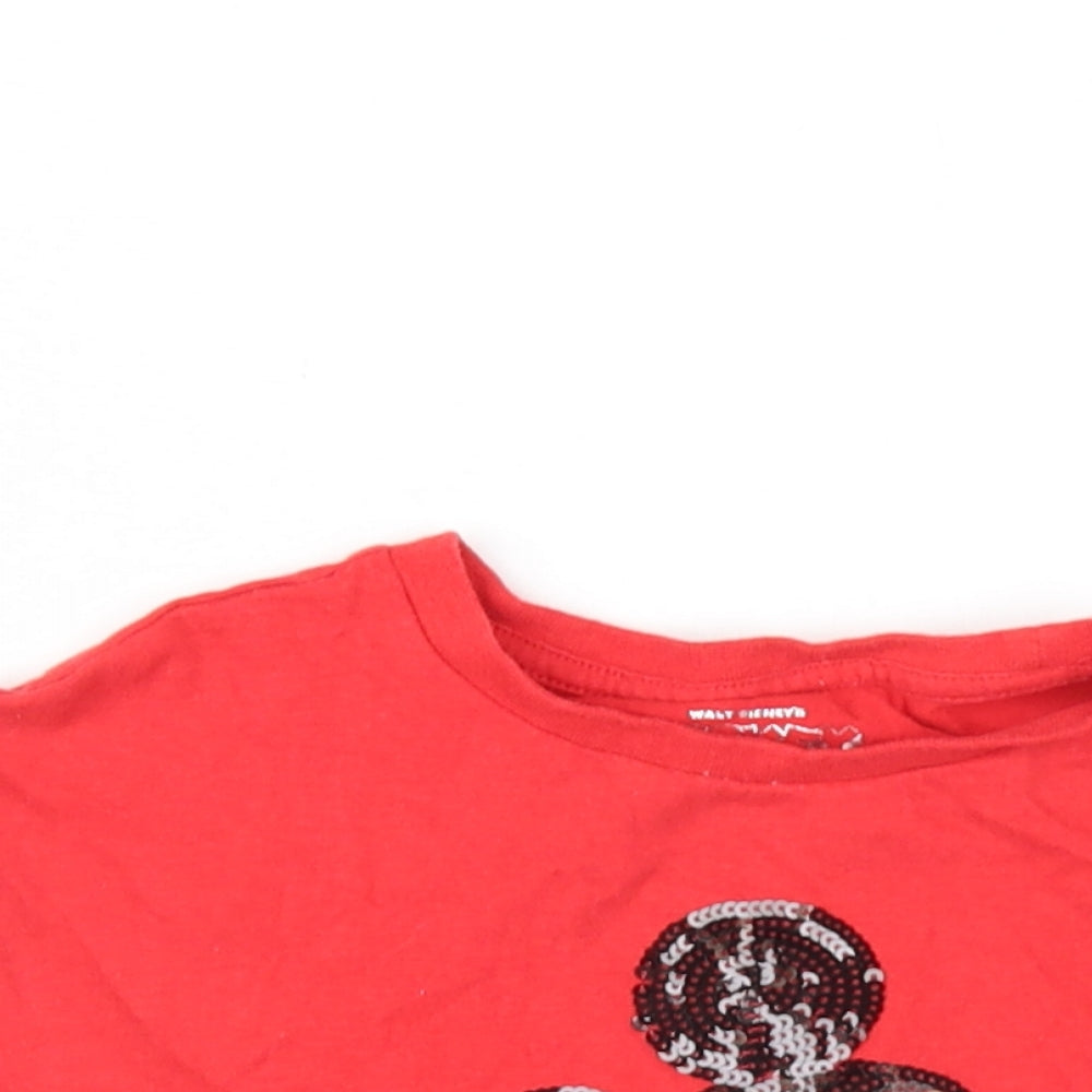 Disney Girls Red Cotton Basic T-Shirt Size 6-7 Years Round Neck Pullover - Sequin Mickey Mouse
