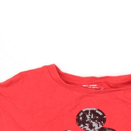 Disney Girls Red Cotton Basic T-Shirt Size 6-7 Years Round Neck Pullover - Sequin Mickey Mouse