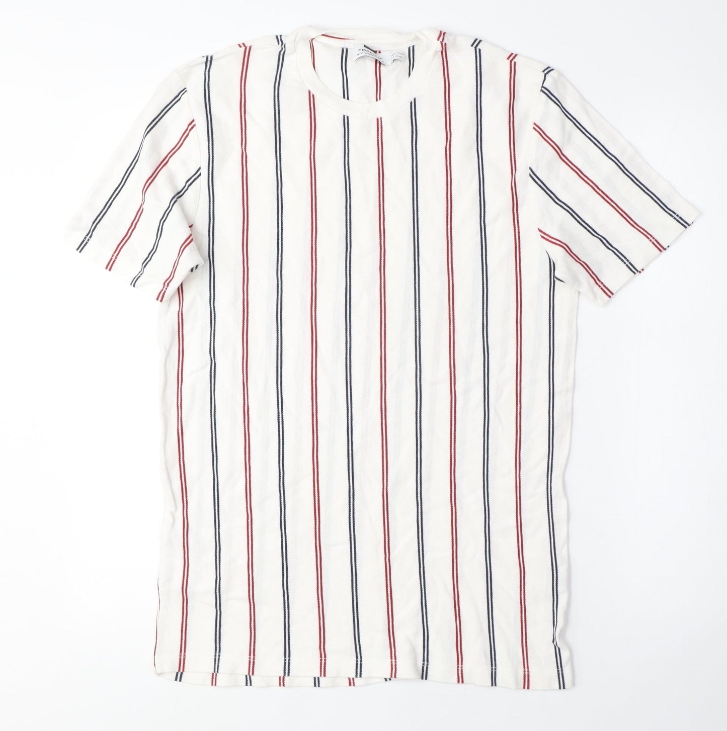 Topman Mens White Striped Cotton T-Shirt Size M Crew Neck - Red and Blue Stripes