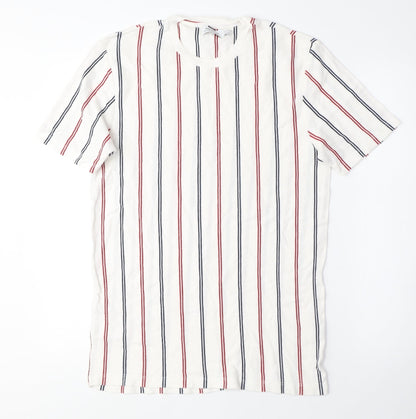 Topman Mens White Striped Cotton T-Shirt Size M Crew Neck - Red and Blue Stripes