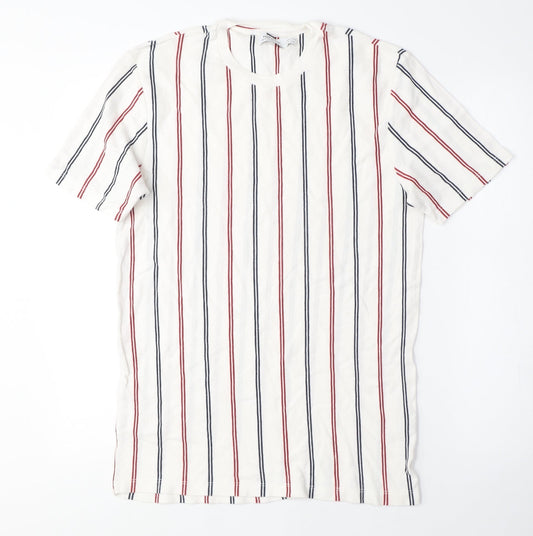 Topman Mens White Striped Cotton T-Shirt Size M Crew Neck - Red and Blue Stripes
