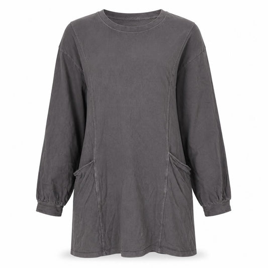 Front view of I SAW IT FIRST women’s grey cotton jumper dress, size M, crew neck - hoodie dress, pockets