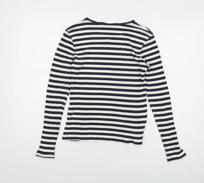 Tif Taffy Womens Blue Striped Viscose Basic T-Shirt Size L Round Neck