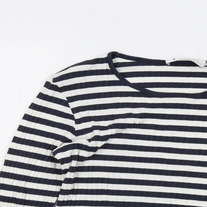 Tif Taffy Womens Blue Striped Viscose Basic T-Shirt Size L Round Neck