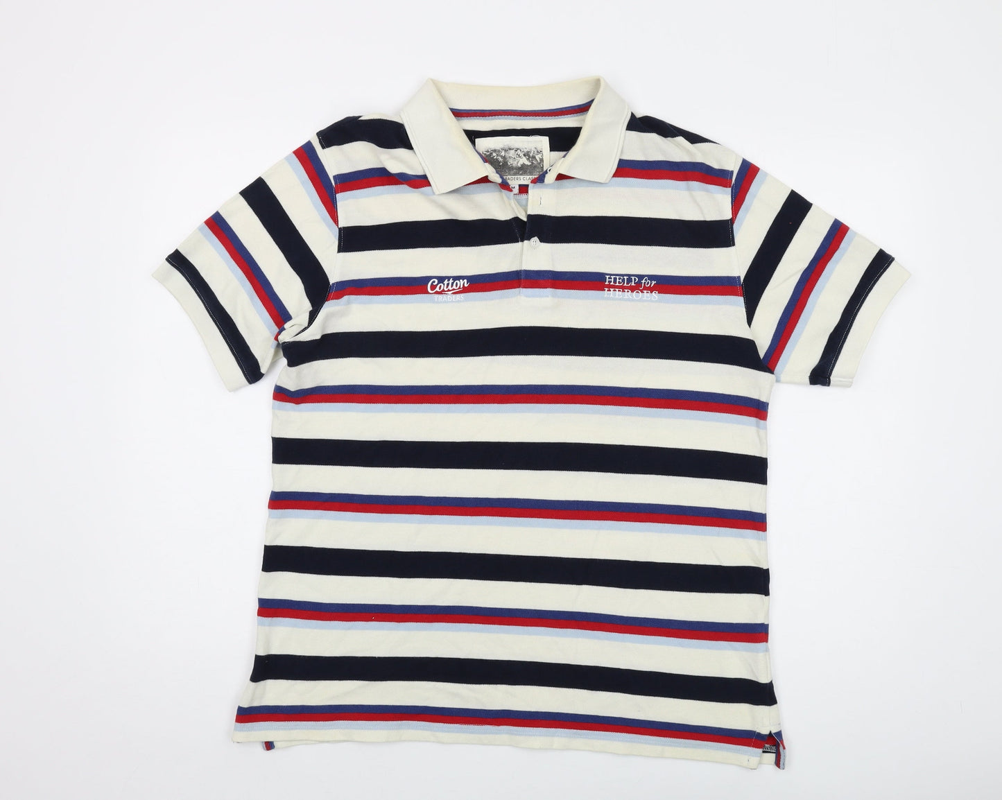 Cotton Traders Mens Multicoloured Striped Cotton Polo Size M Collared Button